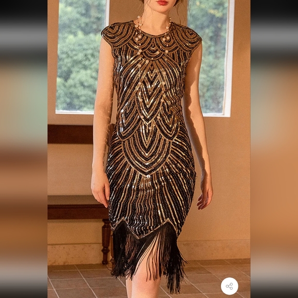1920s Great Gatsby Flapper Plus Size Sequin Fringe Cap Sleeve Dress Vintage 2X - Picture 3 of 15